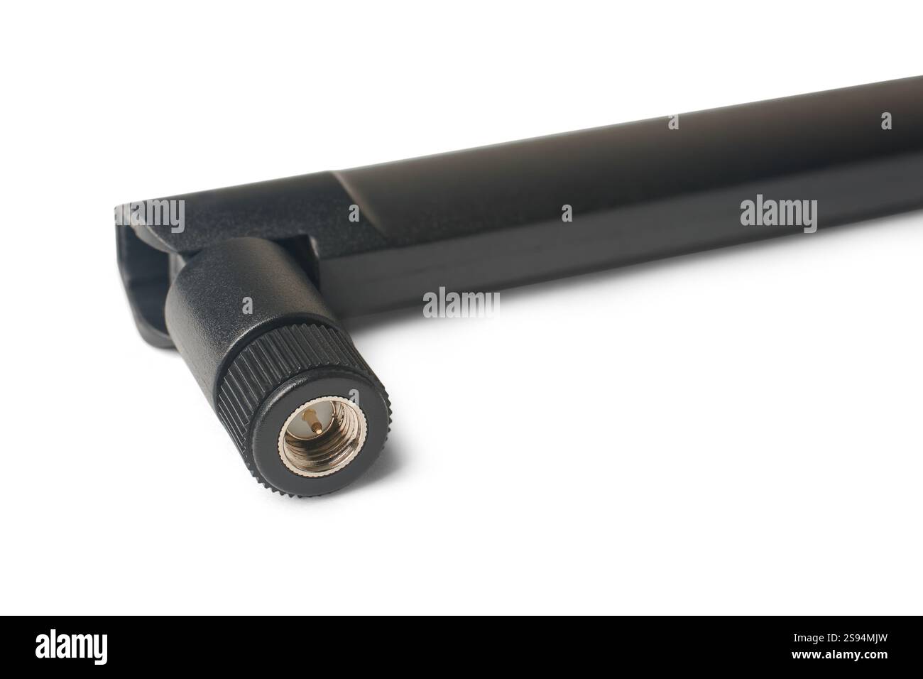 Gros plan du connecteur SMA d'antenne de routeur wifi à fibre optique noir fond blanc isolé, petit port métallique à filetage fin avec polarité inversée Banque D'Images Gros plan du connecteur SMA d'antenne de routeur wifi à fibre optique noir fond blanc isolé, petit port métallique à filetage fin avec polarité inversée Banque D'Images