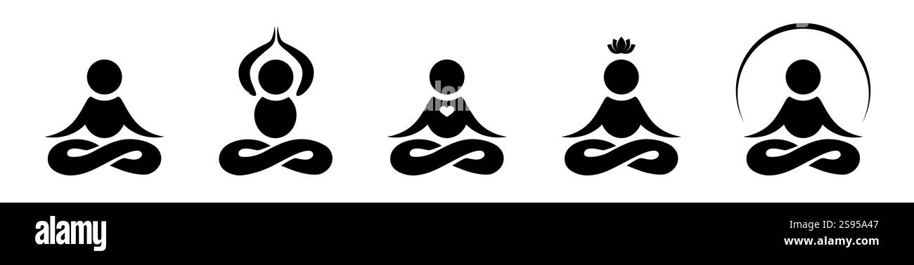Icône de méditation dans un style plat. Yogi avec un cœur, une énergie ou un symbole de lotus en noir. Lié à la vie saine, yoga, méditation, relaxation VE Illustration de Vecteur
