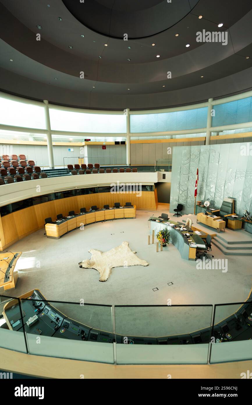 Peau d'ours polaire sur le plancher de l'Assemblée nationale des Premières Nations, Yellowknife, Canada Banque D'Images
