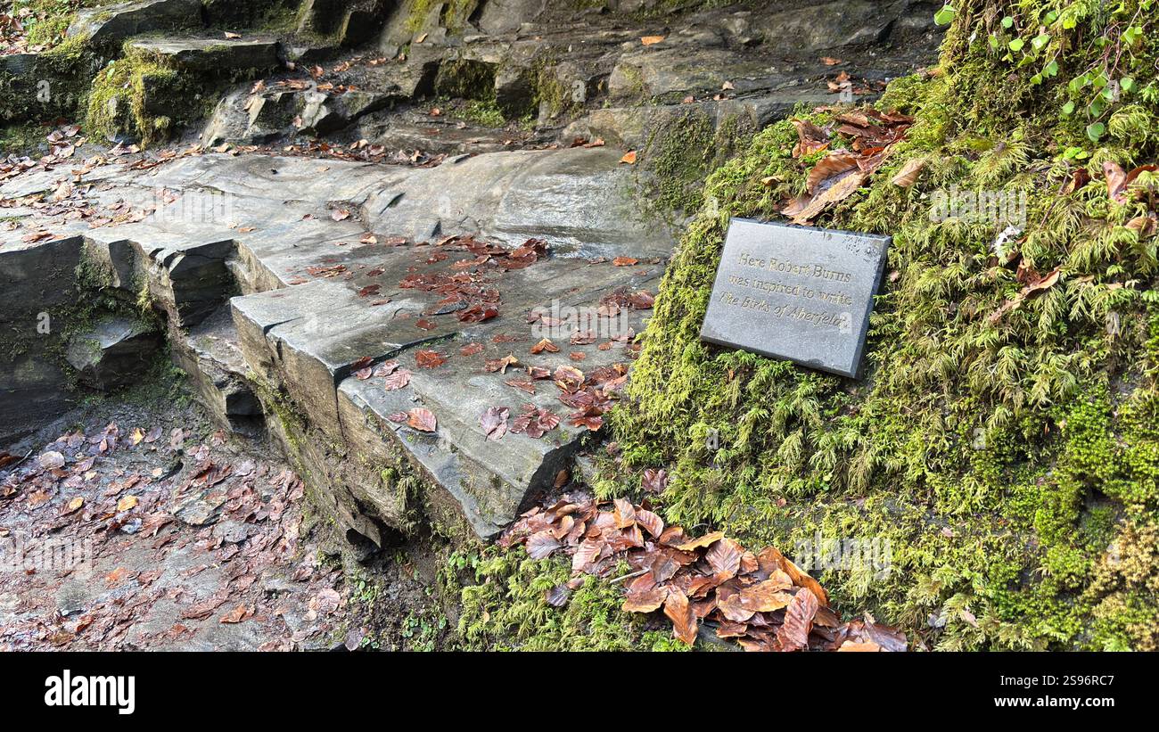 Grotte rocheuse naturelle où Robert Burns a écrit sa chanson d'amour écossaise en 1787, The Birks of Aberfeldy. Destination touristique et emplacement naturel. - Image de stock capturée avec un smartphone