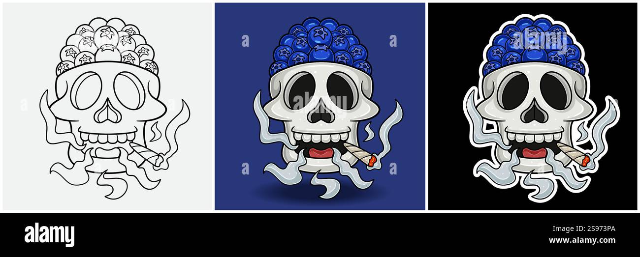 Fruit de myrtille à l'intérieur de la tête de crâne avec dessin animé de personnage de fumée. Noir Blanc, coloré et style autocollant. Pour T-shirt imprimé, logo de marque, étiquette et ma Illustration de Vecteur