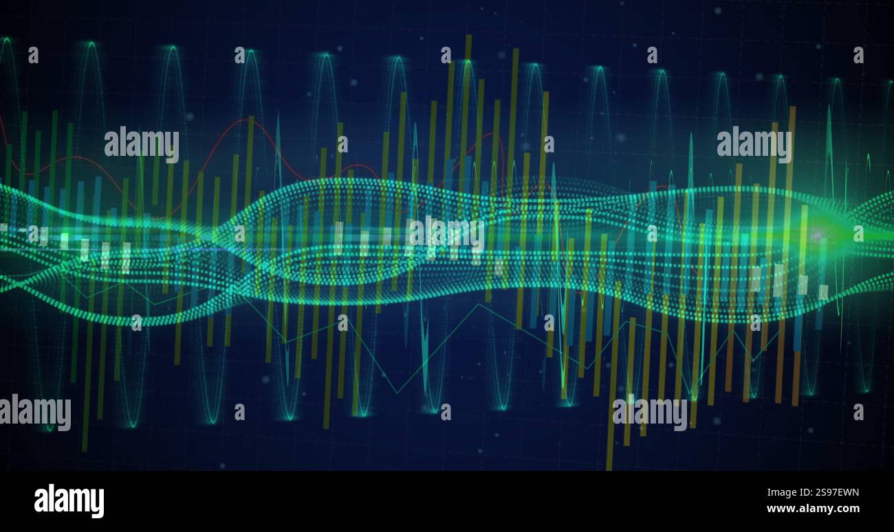 Image des barres d'onde sonore et de fréquence sur fond bleu foncé Banque D'Images
