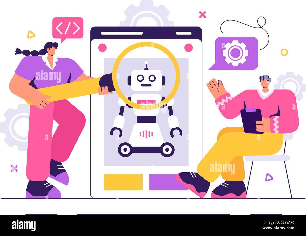 Illustration vectorielle de programmation de robot présentant un robot d'intelligence artificielle interagissant avec une interface de données numériques pour une technologie avancée Illustration de Vecteur