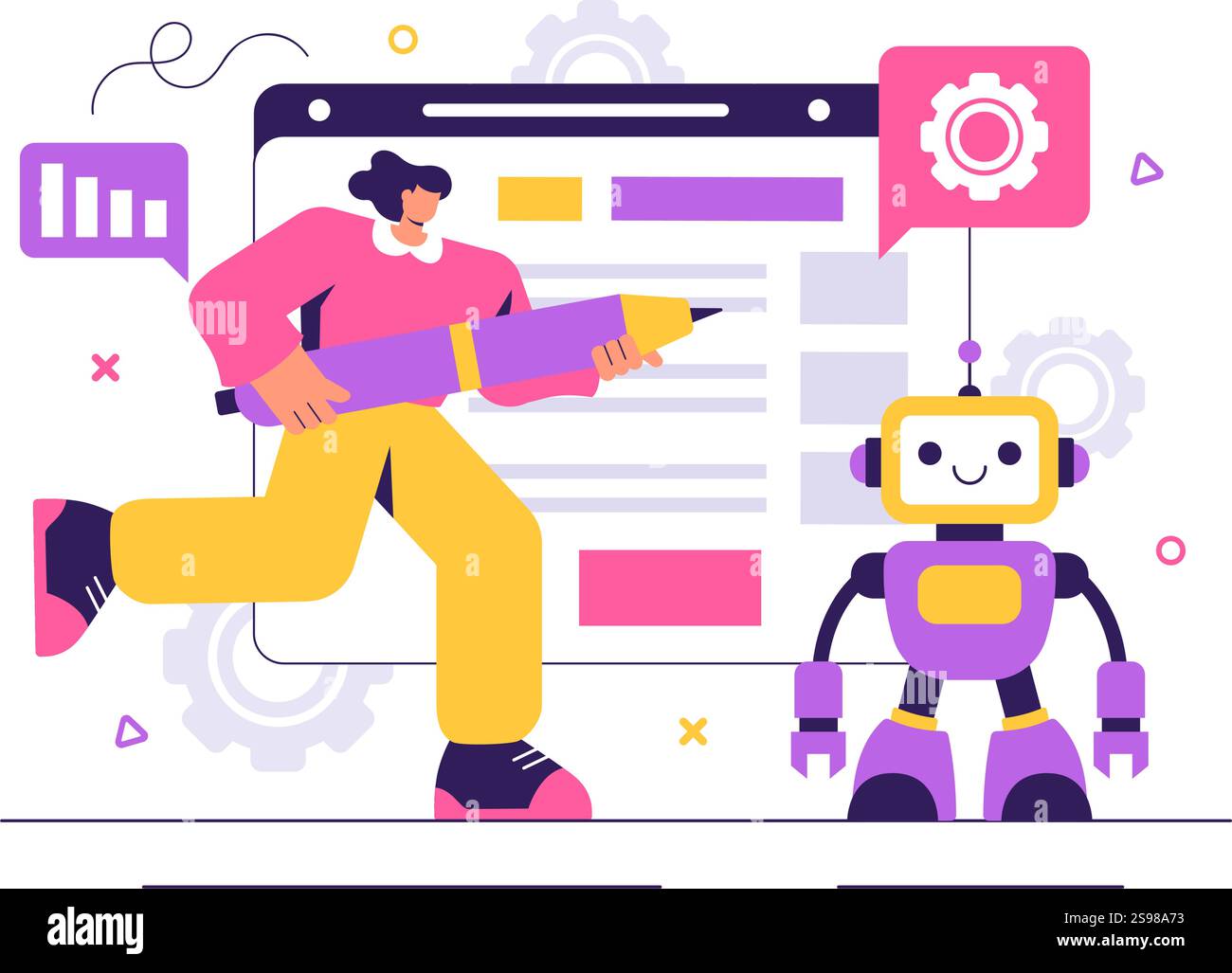 Illustration vectorielle de programmation de robot présentant un robot d'intelligence artificielle interagissant avec une interface de données numériques pour une technologie avancée Illustration de Vecteur