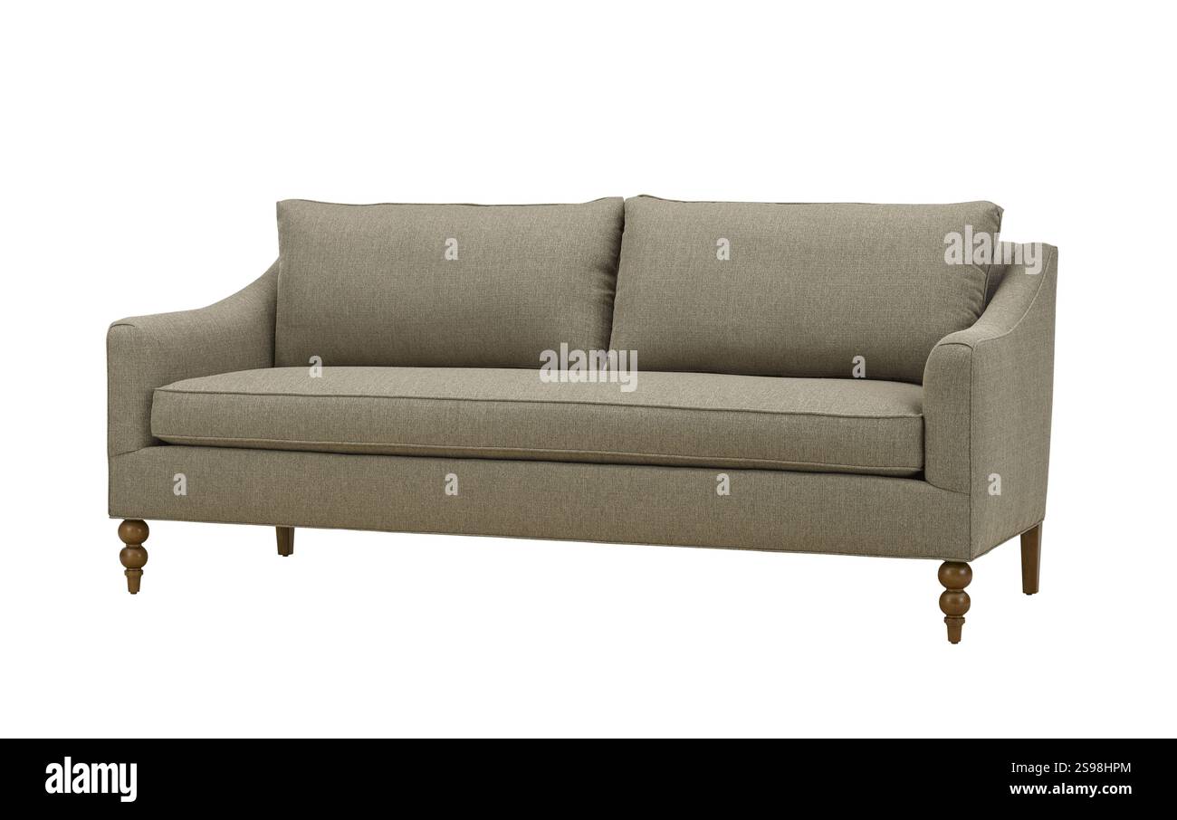 Canapé en tissu gris moderne + chemin de clipping. Le canapé est isolé sur un fond blanc. Mobilier, objet intérieur. Banque D'Images
