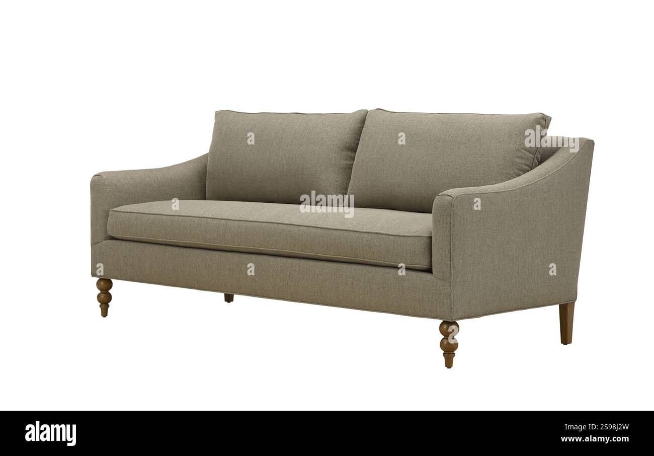 Canapé en tissu gris moderne + chemin de clipping. Le canapé est isolé sur un fond blanc. Mobilier, objet intérieur. Banque D'Images