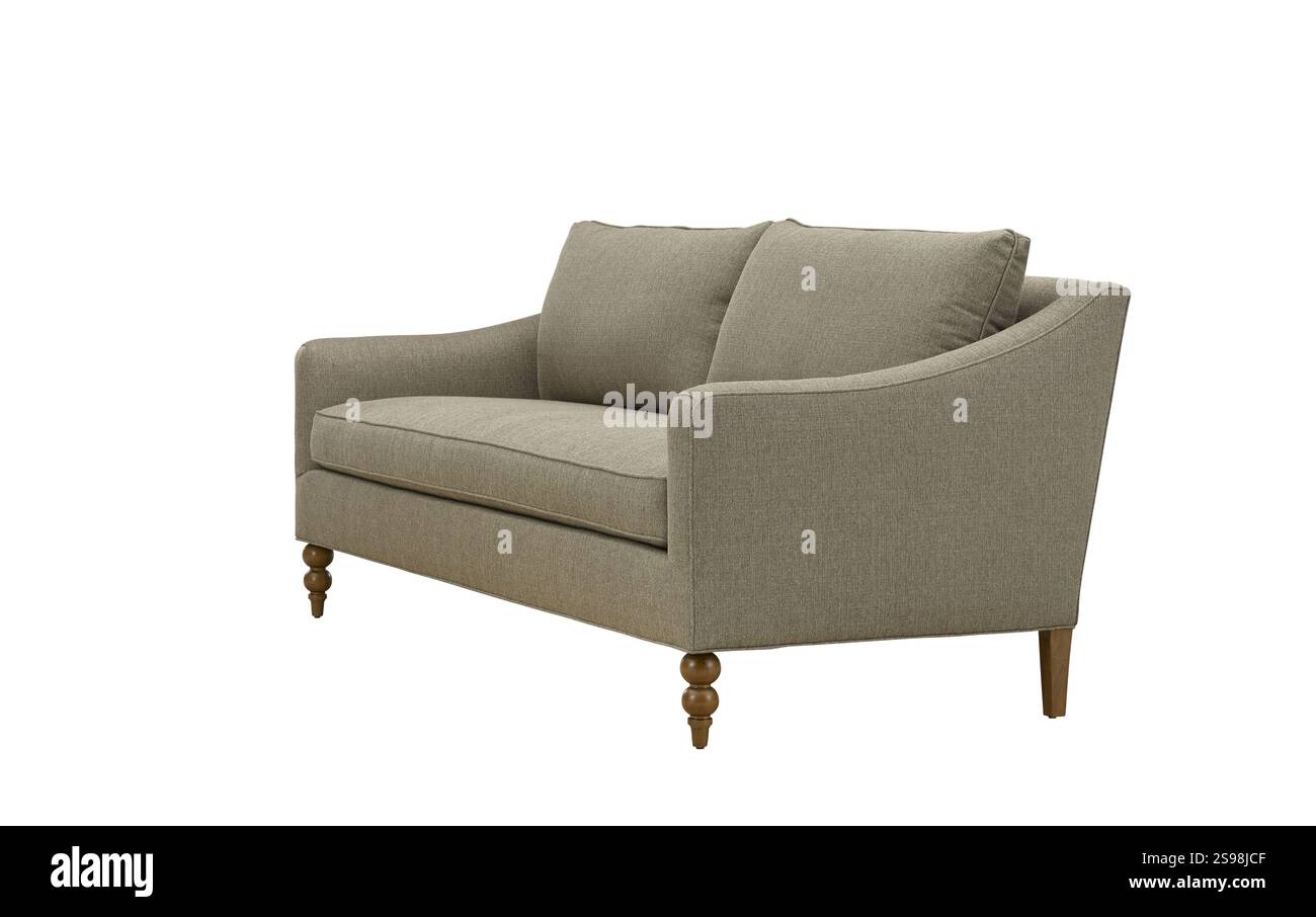 Canapé en tissu gris moderne + chemin de clipping. Le canapé est isolé sur un fond blanc. Mobilier, objet intérieur. Banque D'Images