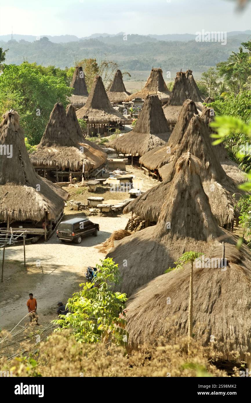 Maisons traditionnelles sumbanaises dans le village traditionnel de Praijing à Tebara, Waikabubak, Sumba occidental, Nusa Tenggara, Indonésie. Banque D'Images