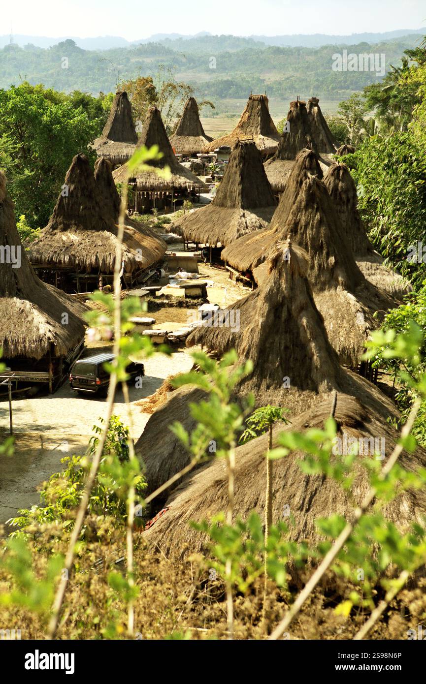 Maisons traditionnelles sumbanaises dans le village traditionnel de Praijing à Tebara, Waikabubak, Sumba occidental, Nusa Tenggara, Indonésie. Banque D'Images