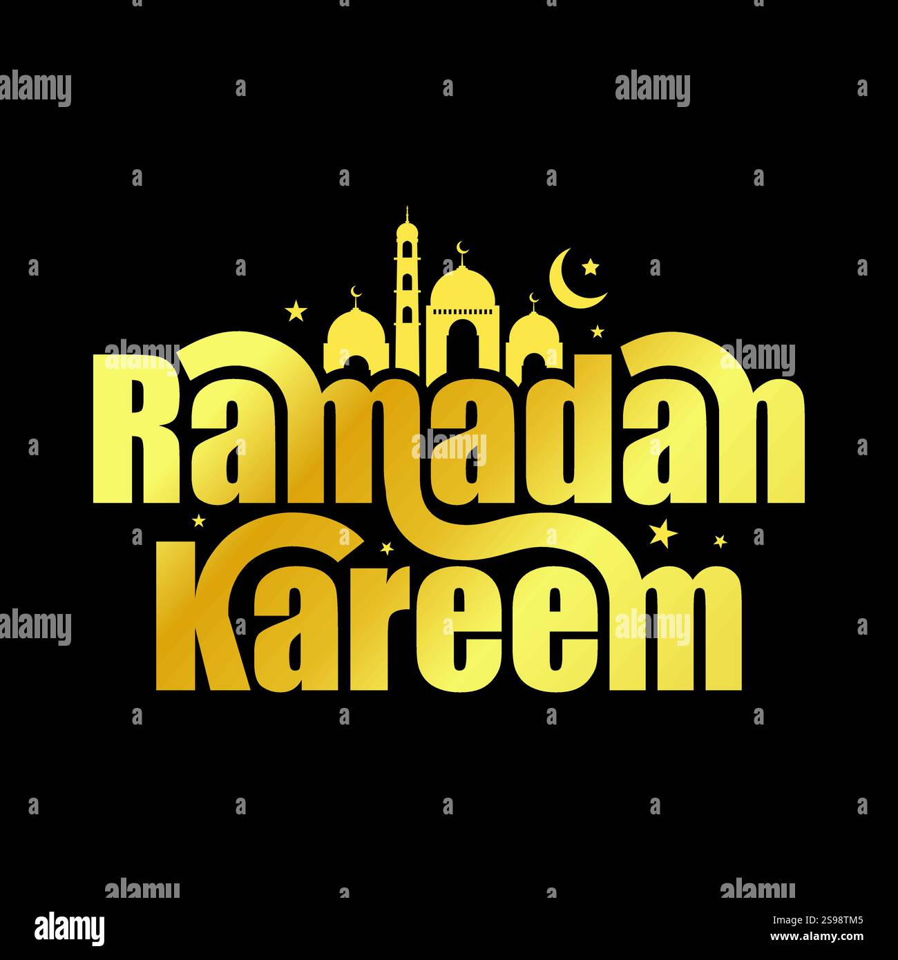 Ramadan kareem carte de voeux typographie de luxe or avec mosquée, étoiles et illustration vectorielle de lune. Affiche de célébration du mois Saint religieux musulman Illustration de Vecteur