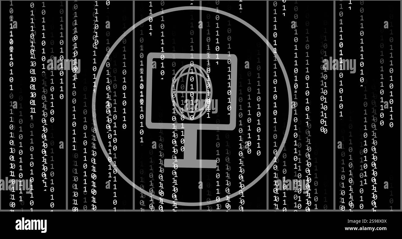 Moniteur d'ordinateur avec image d'icône de globe sur fond de code binaire Banque D'Images