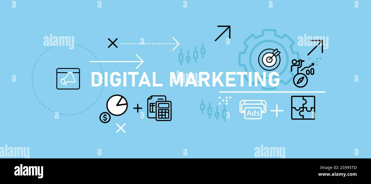 Concept de marketing numérique mettant en évidence la promotion en ligne la stratégie e-commerce de publicité sur Internet et le marketing basé sur le Web pour la promotion de produits et Illustration de Vecteur