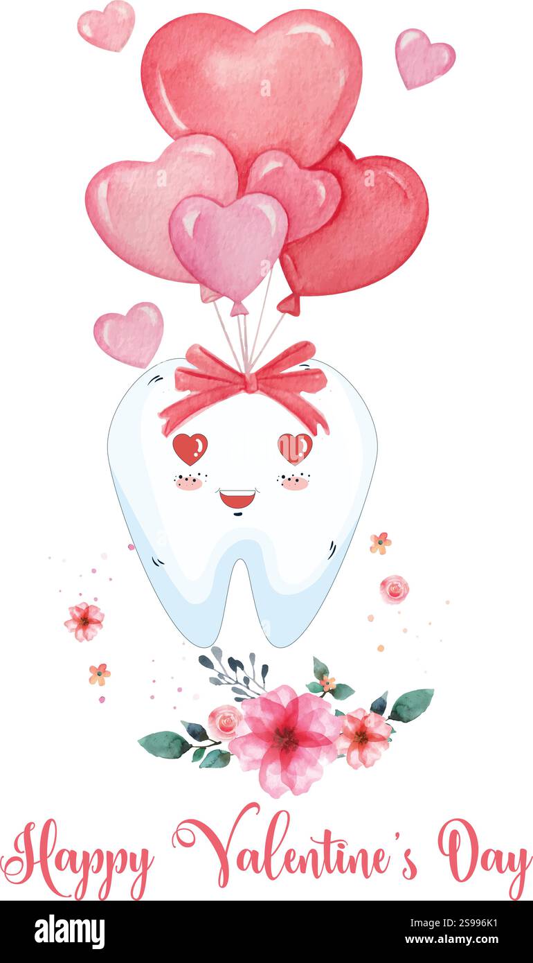 Dessin de ligne de dents avec vecteur de coeurs d'aquarelle, dessin de ligne de dents avec illustration d'aquarelle de coeurs, t-shirt , conception de carte Illustration de Vecteur