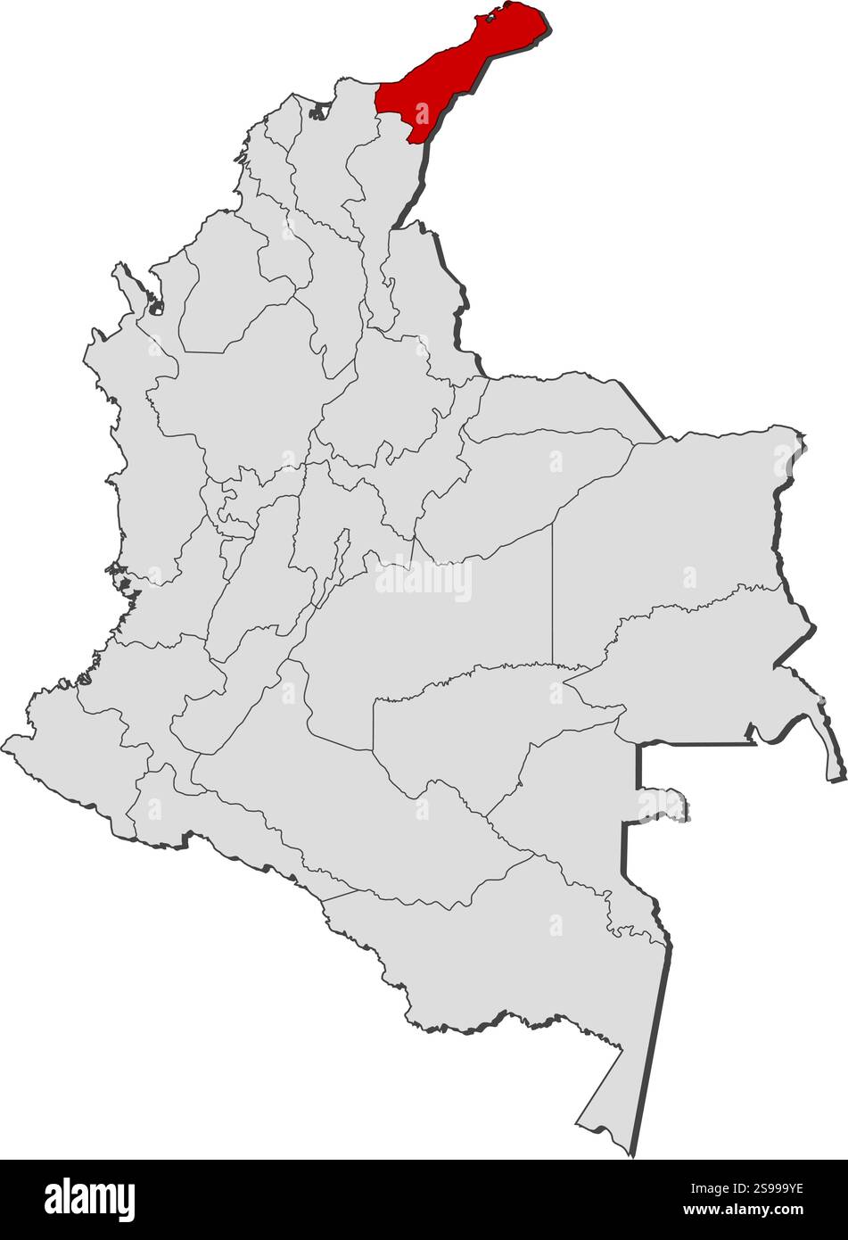 Carte de Colombie avec les provinces, la Guajira est mis en évidence. Illustration de Vecteur