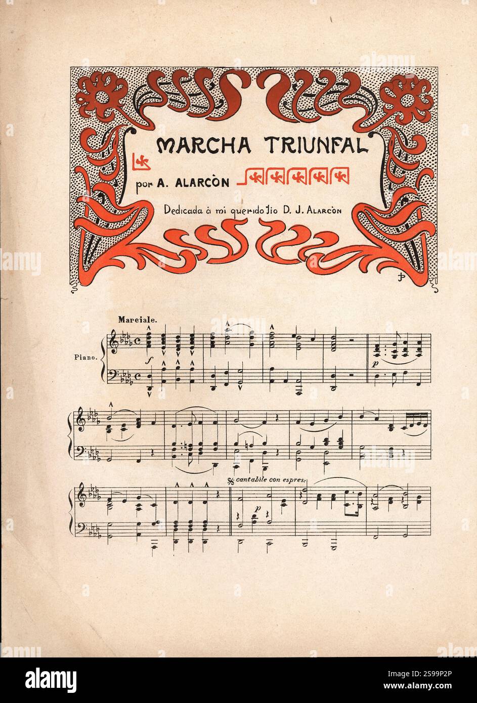 Partitura musical 'marcha triunfal', por A. Alarcón. Editada por album salon, Barcelone. año 1905. Banque D'Images