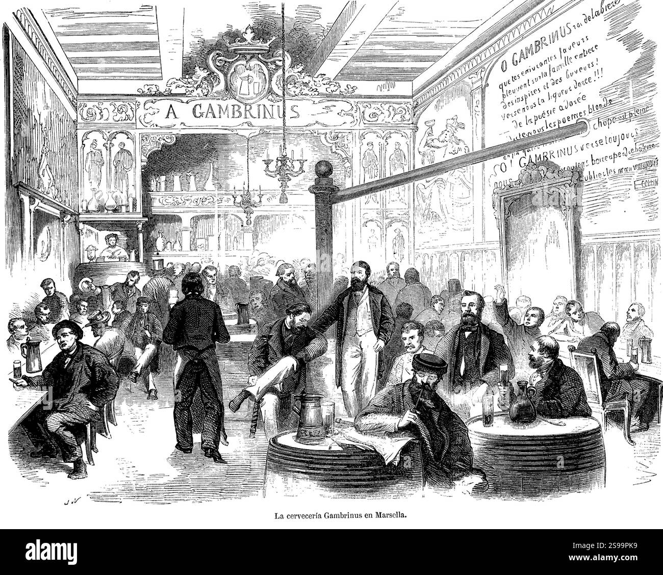 España. Siglo XIX Marsella. Intérieur de la cervecería Gambrinus. Grabado de 1862. Banque D'Images