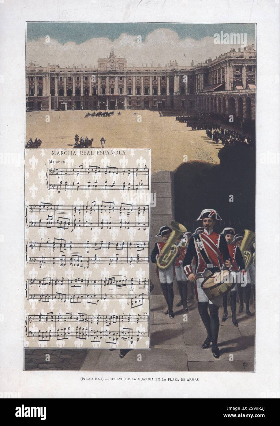 Partitura musical 'marcha Real Española'. Editada por album salon, Barcelone. año 1905. Banque D'Images