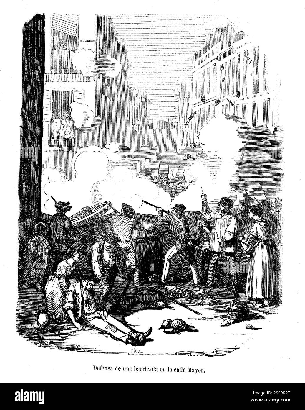 España. Madrid. Vicalvarada. Defensa de una barricada en la calle Mayor. Grabado de 1854. Banque D'Images