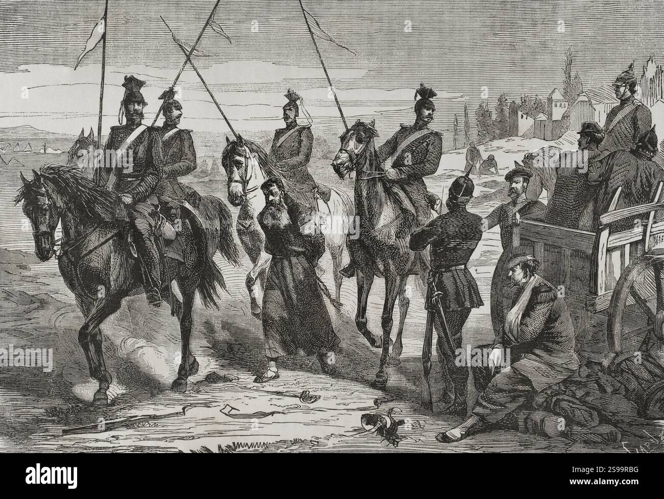 Guerre franco-prussienne (1870-1871). Les Uhlans de l'armée prussienne mènent un espion français capturé près de Metz au camp. Gravure par Capuz. Historia de la Guerra de Francia y Prusia (histoire de la guerre entre la France et la Prusse). Volume I. publié à Barcelone, 1870. Auteur : Tomás Carlos Capuz (1834-1899). Graveur espagnol. Banque D'Images