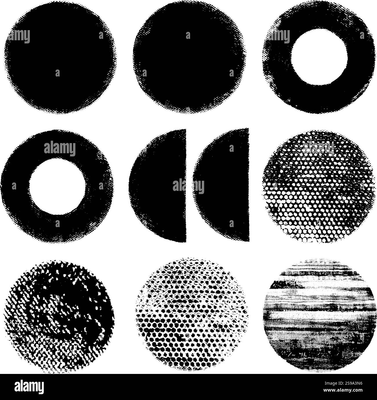 Formes de cercle vectoriel. Ensemble de 9 cercles vectoriels grunge peints à la main. Vecteurs modifiables et évolutifs pour la conception. 9 variations en noir et blanc. Illustration de Vecteur