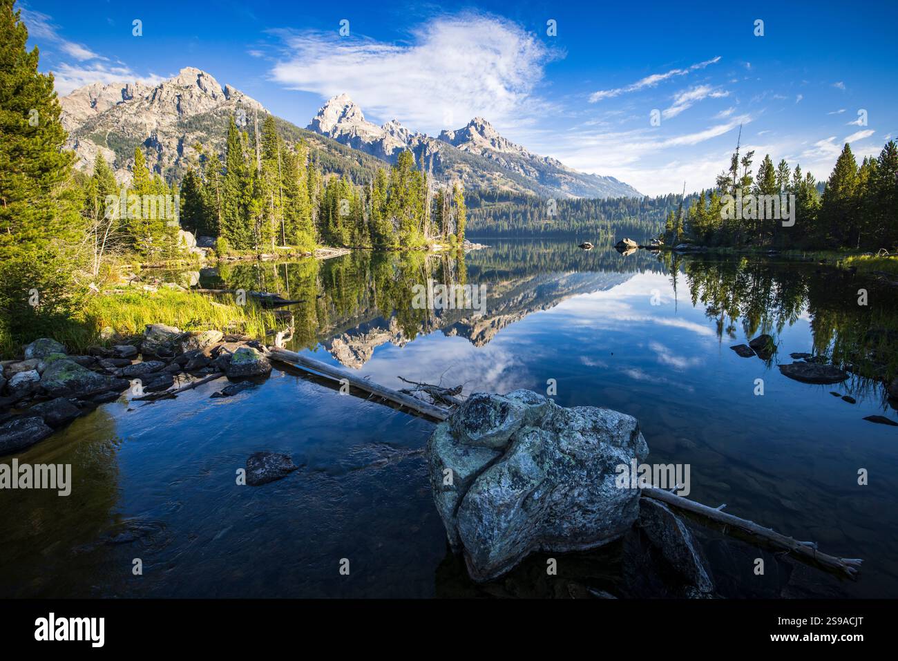 String Lake Reflection, parc national de Grand Teton, Wyoming. Les eaux cristallines reflètent les pics déchiquetés de la chaîne des Teton, encadrés par de luxuriants coniants. Banque D'Images