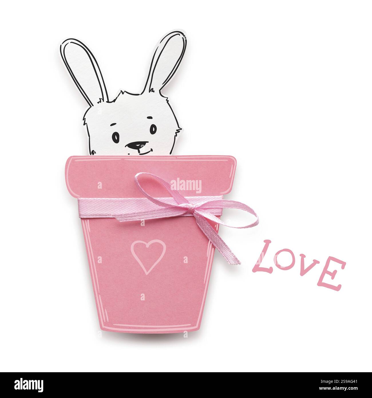 Creative Valentines concept photo d'un lapin dans un pot de fleur en papier sur un fond blanc Banque D'Images