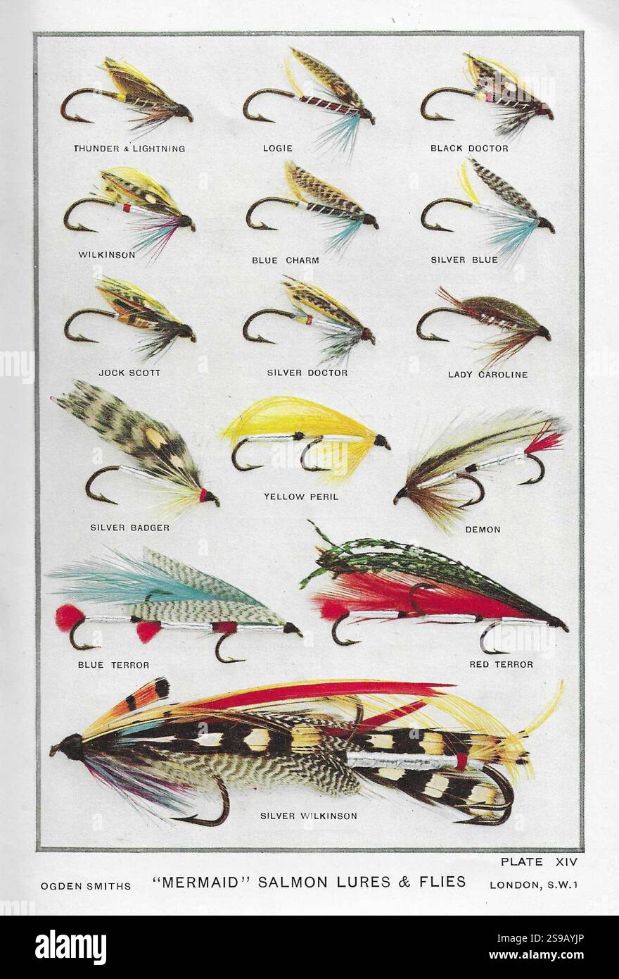 Planche XIV de 'Mermaid' saumon leurres & mouches de Ogden Smiths, Londres S W 1 liste de prix de matériel de pêche 1912 Banque D'Images