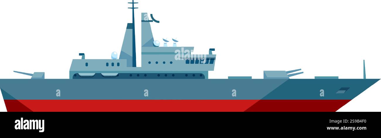 Navire de guerre moderne naviguant en douceur sur des eaux calmes, doté de systèmes radar avancés et de puissants canons, reflétant la force militaire et présentant pour lui Illustration de Vecteur