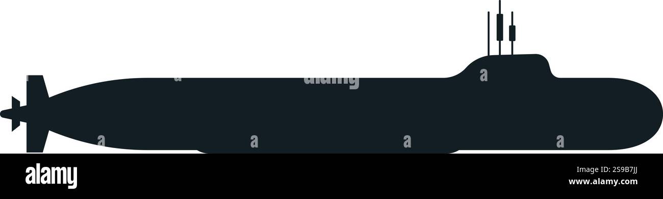 Silhouette noire simple représentant un sous-marin militaire patrouillant sous l'eau, avec un périscope et des antennes brisant la surface, représentant St Illustration de Vecteur