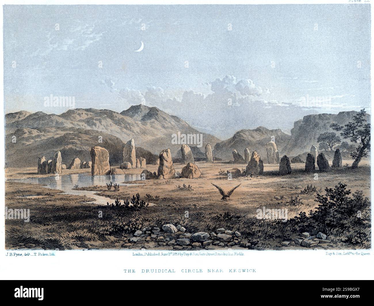 Lithographie en couleur du cercle druidical près de Keswick (cercle de pierre de Castlerigg) numérisée à haute résolution à partir d'un livre publié en 1859. Banque D'Images