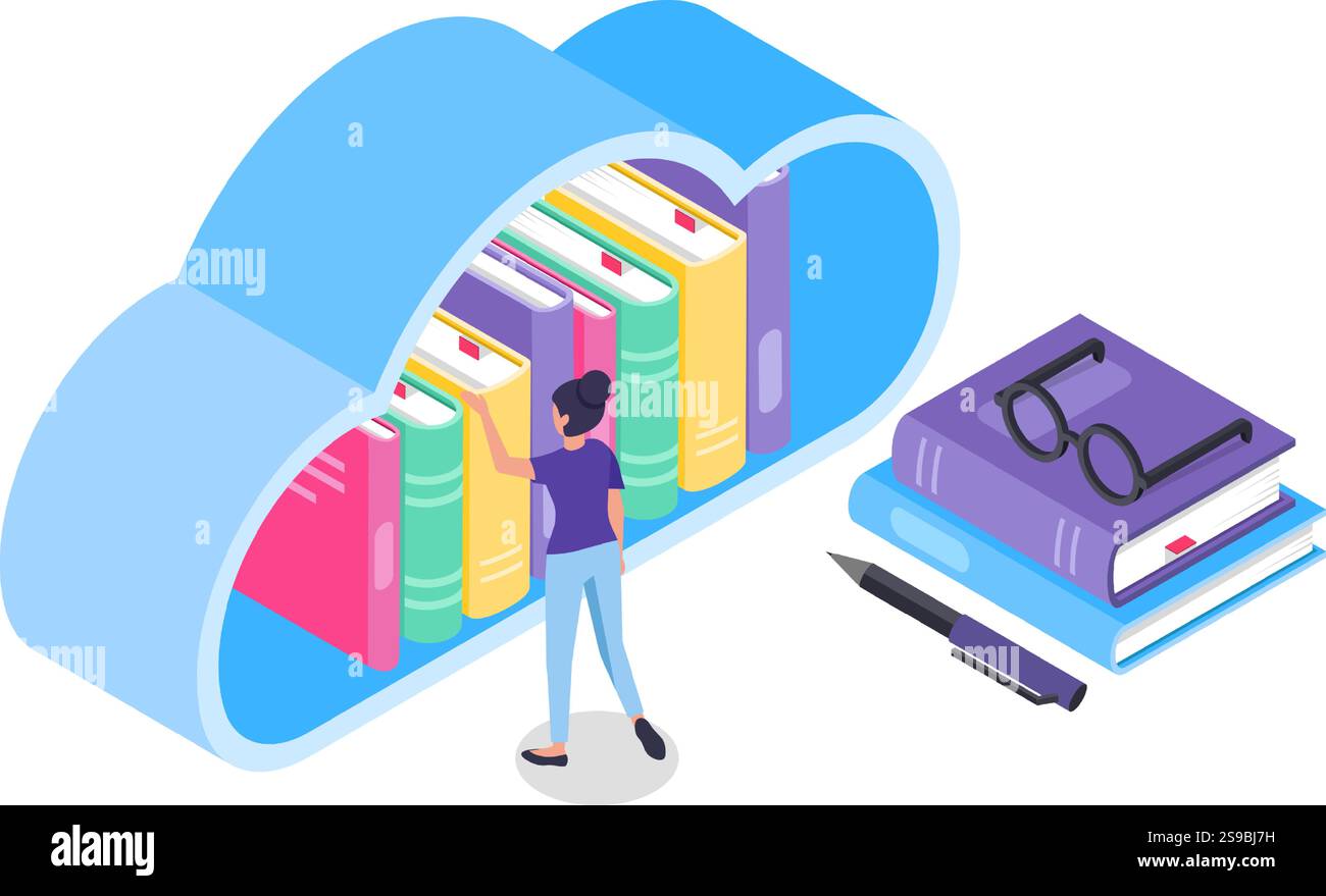 Bibliothèque en ligne dans le stockage en nuage, étudiant choisissant le livre, téléchargement ou étude en ligne, concept d'illustration vectorielle isométrique pour l'éducation, l'apprentissage, la connaissance et le cours en ligne Illustration de Vecteur
