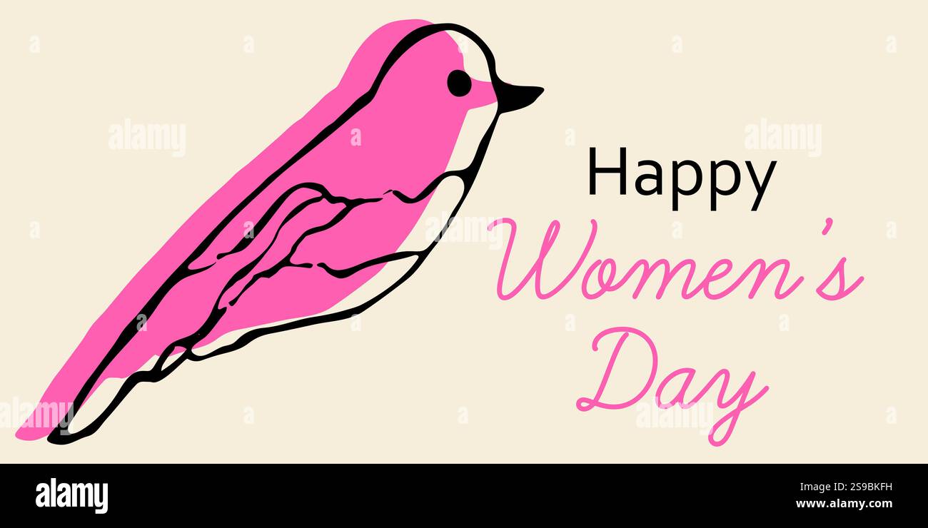 Illustration Happy Women Day mettant en vedette un oiseau rose et une typographie élégante Illustration de Vecteur