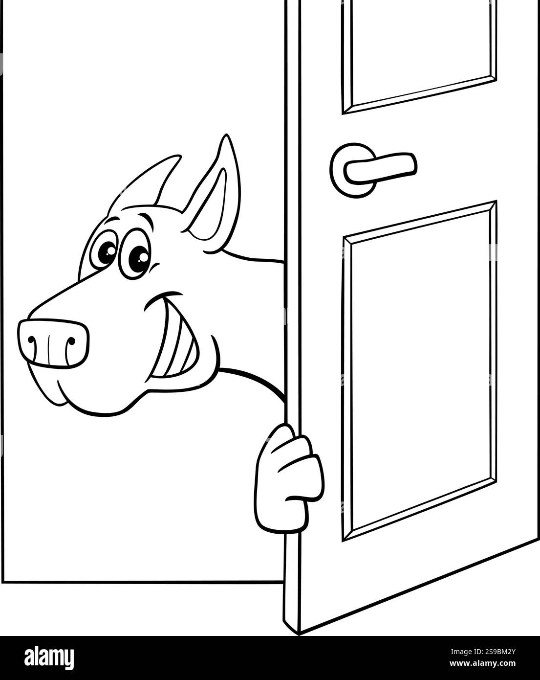 Illustration de dessin animé de personnage animal comique drôle de chien derrière la page de coloriage de porte Illustration de Vecteur