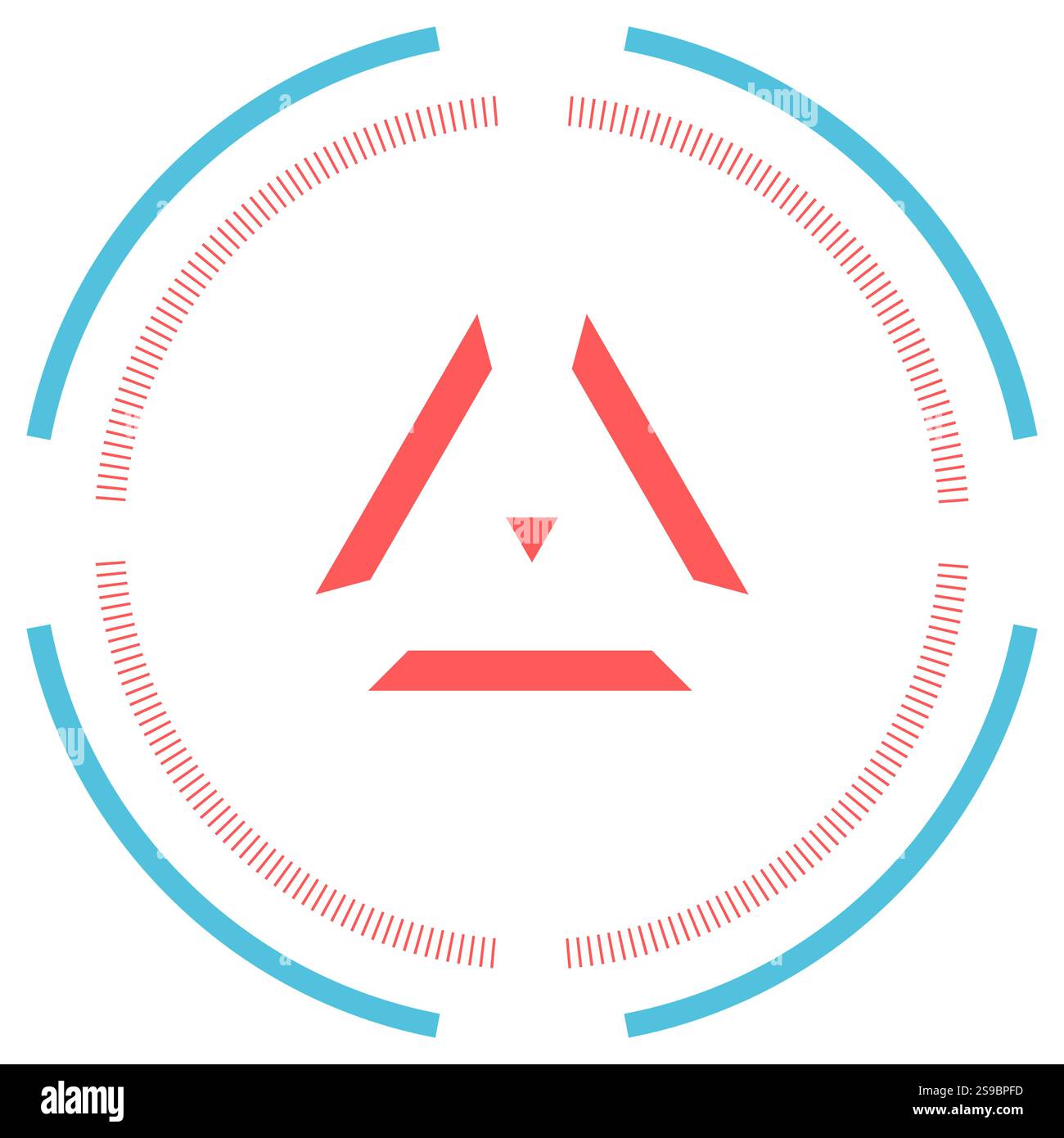 Élément d'affichage tête haute futuriste montrant un triangle rouge à l'intérieur d'un système de ciblage fait de cercles bleus et rouges, parfait pour les jeux vidéo ou les projets de science-fiction Illustration de Vecteur
