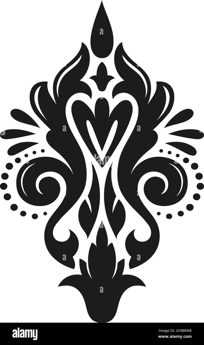 Élégant motif damassé noir et blanc avec des éléments floraux et décoratifs stylisés, créant un design symétrique idéal pour les textiles, les papiers peints ou les projets graphiques Illustration de Vecteur