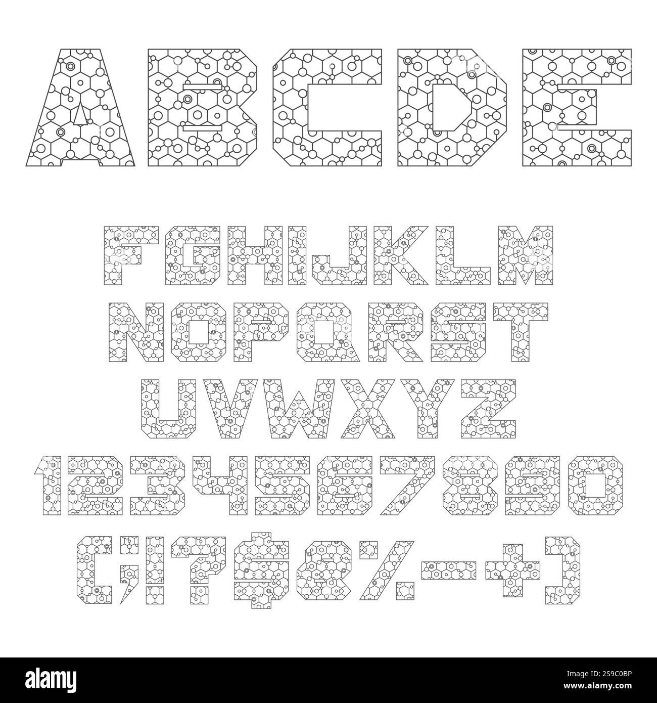 Police, alphabet avec des formes géométriques, hexagone, cercle. Objets vectoriels isolés sur fond blanc. Illustration de Vecteur