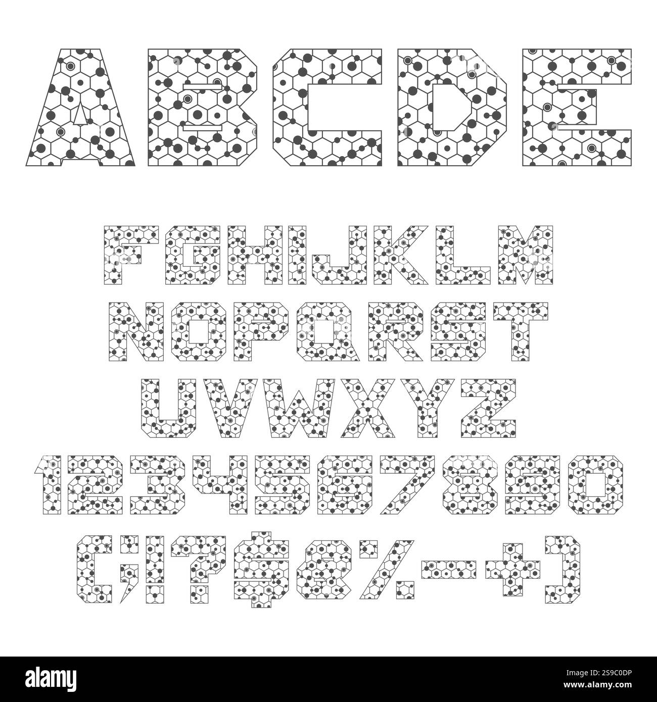 Police, alphabet avec des formes géométriques, hexagone, cercle. Objets vectoriels isolés sur fond blanc. Illustration de Vecteur