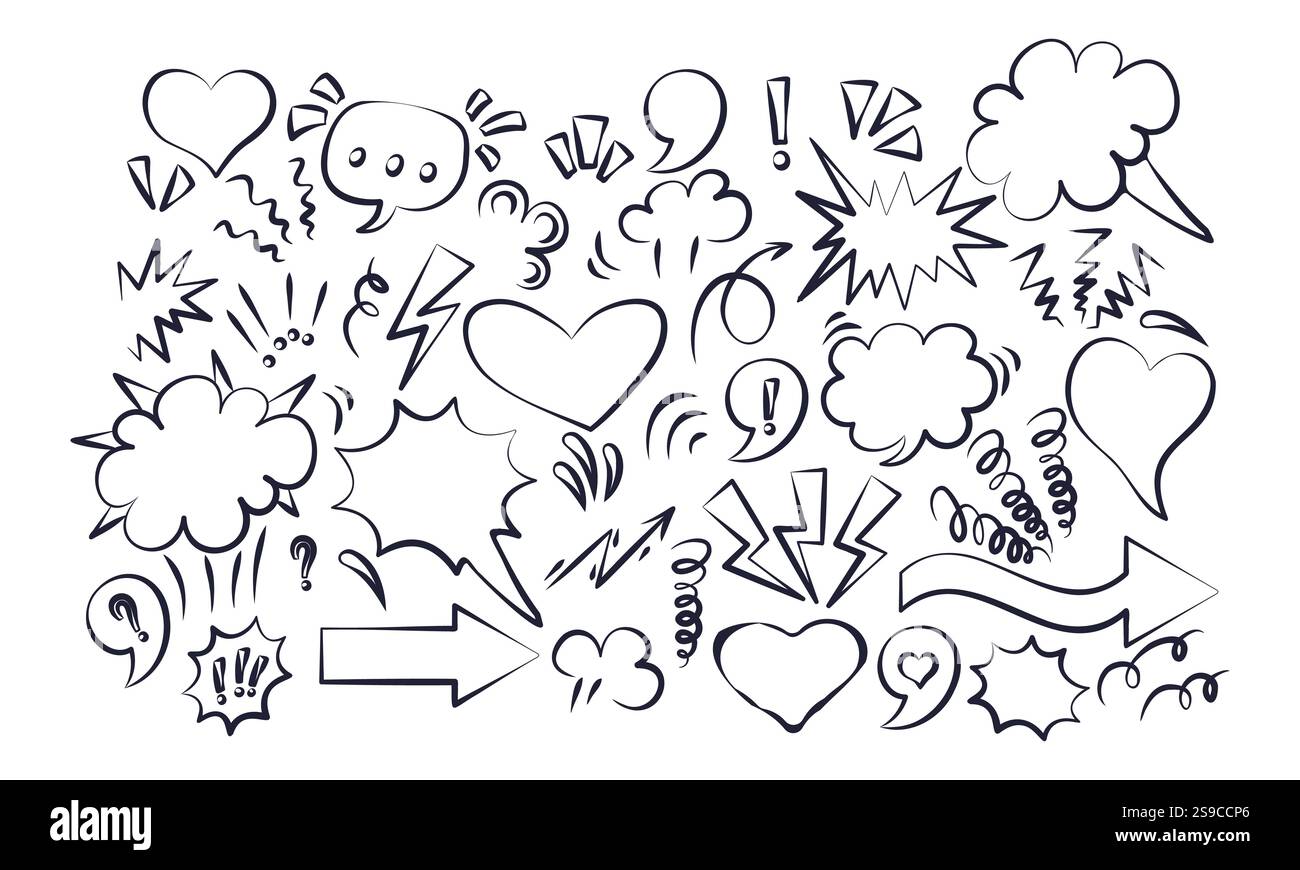 Bulles de bande dessinée et symboles d'expression. Bulles de bande dessinées à la main, effets d'explosion, flèches et signes de ponctuation. Ensemble d'éléments Doodle pour Illustration de Vecteur