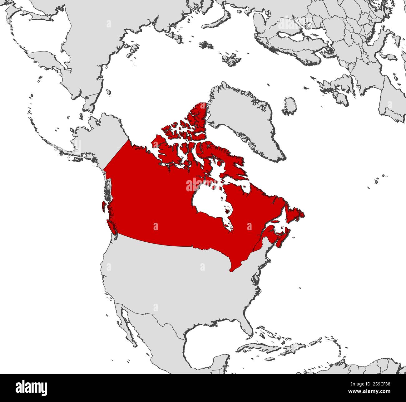 Carte du Canada et des pays voisins, le Canada est surligné en rouge. Illustration de Vecteur