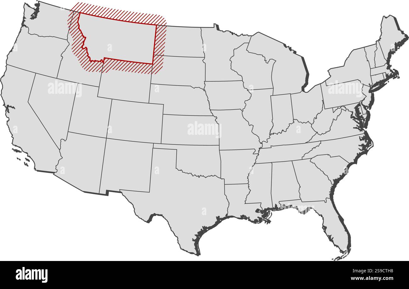 Carte des États-Unis avec les provinces, le Montana est mis en évidence par un hachurage. Illustration de Vecteur