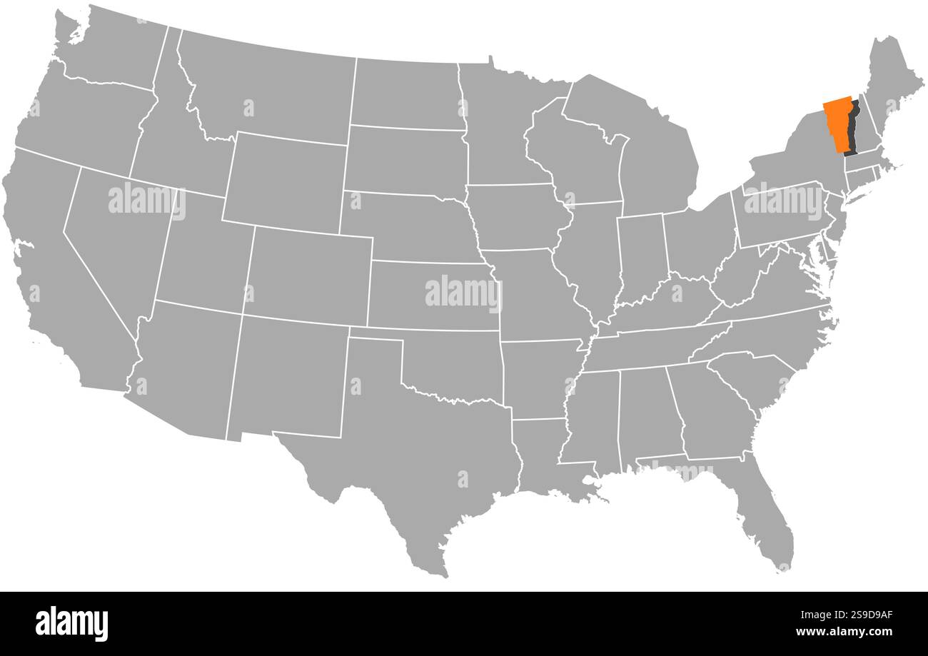 Carte des États-Unis avec les provinces, Vermont est surligné en orange. Illustration de Vecteur