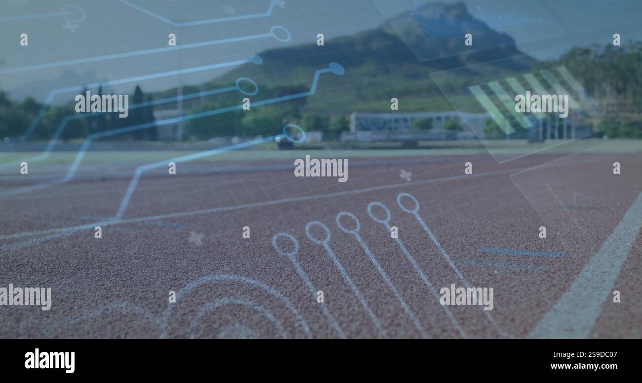 Image de carte de circuit imprimé au-dessus de la piste de course et du paysage montagneux Banque D'Images