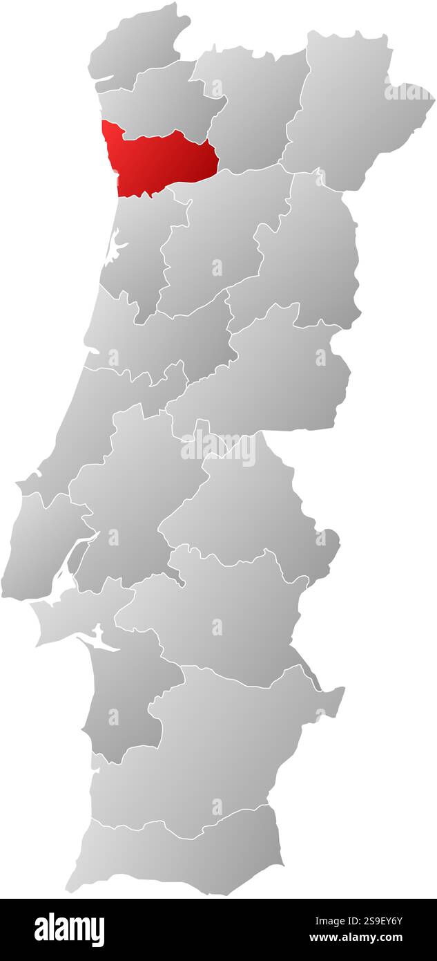 Carte du Portugal avec les provinces, rempli d'un gradient linéaire, Porto est mis en évidence. Illustration de Vecteur