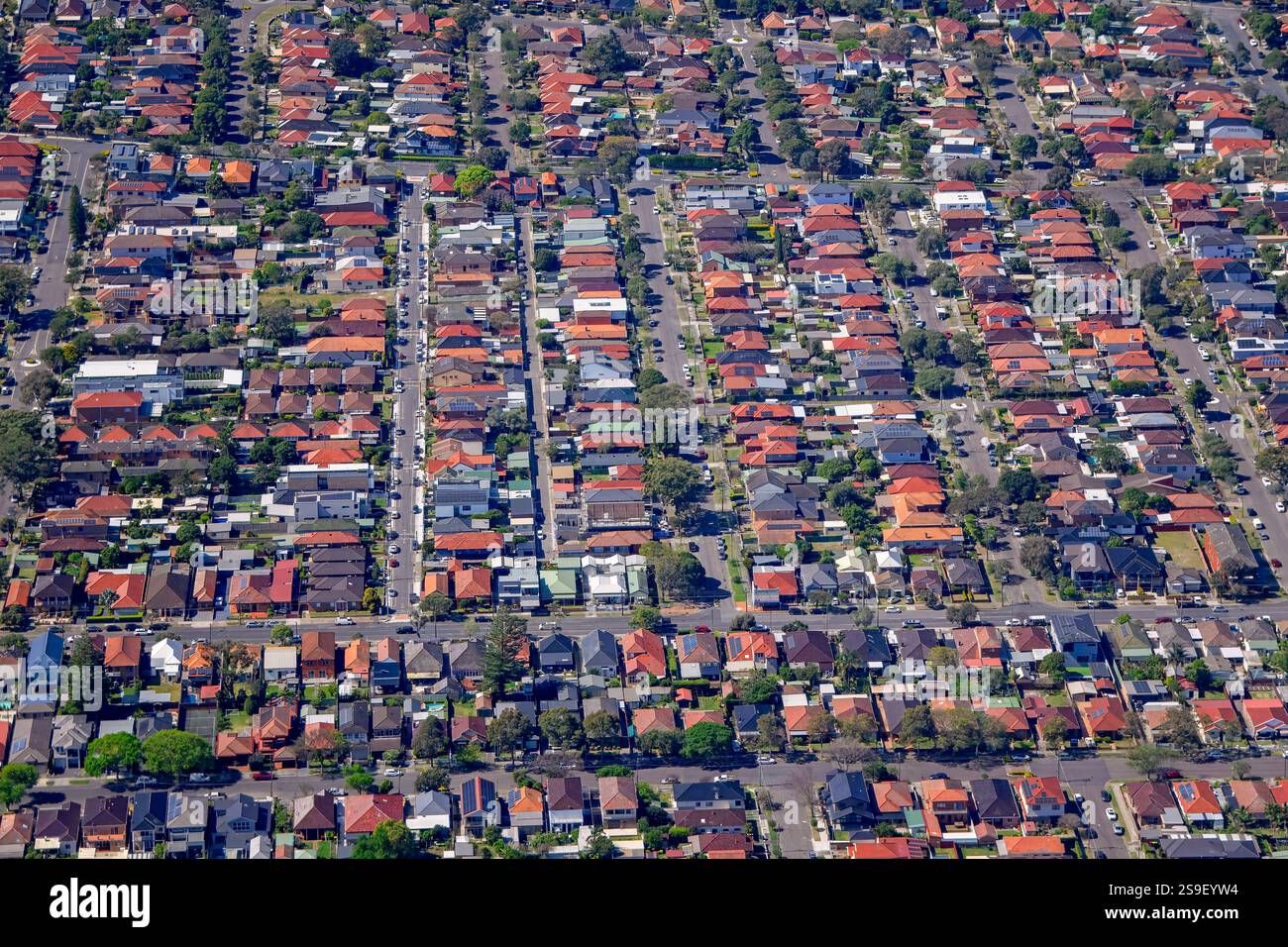 Banlieue maisons de banlieue, quartier Sydney Australie, population surpeuplée démographique surpeuplement, crise du logement australien, étalement urbain, aérien Banque D'Images