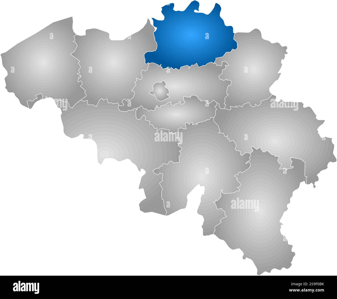 Carte de la Belgique avec les provinces, remplie d'un gradient radial, Anvers est mis en évidence. Illustration de Vecteur