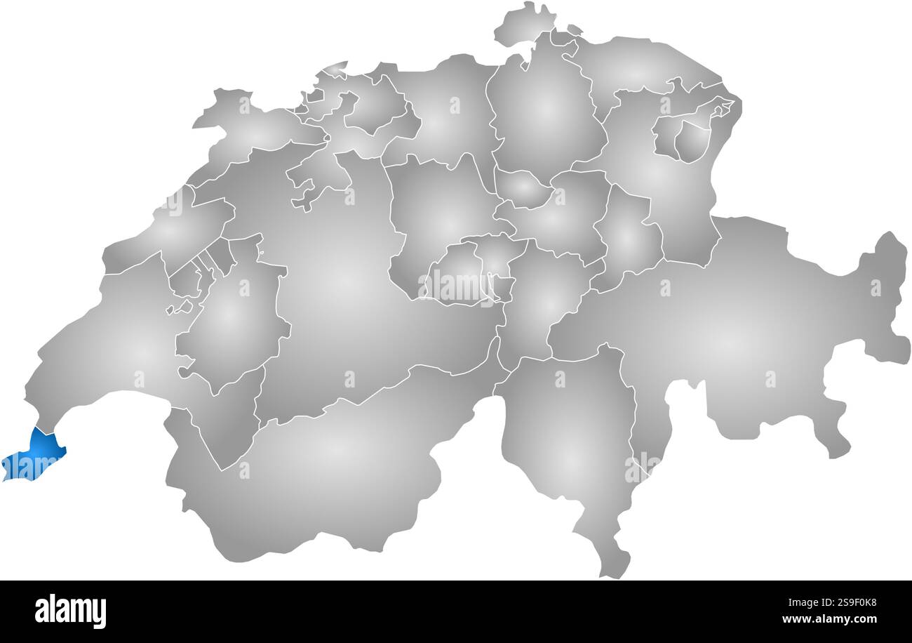 Carte du Swizerland avec les provinces, remplie d'un gradient radial, Genève est mise en évidence. Illustration de Vecteur