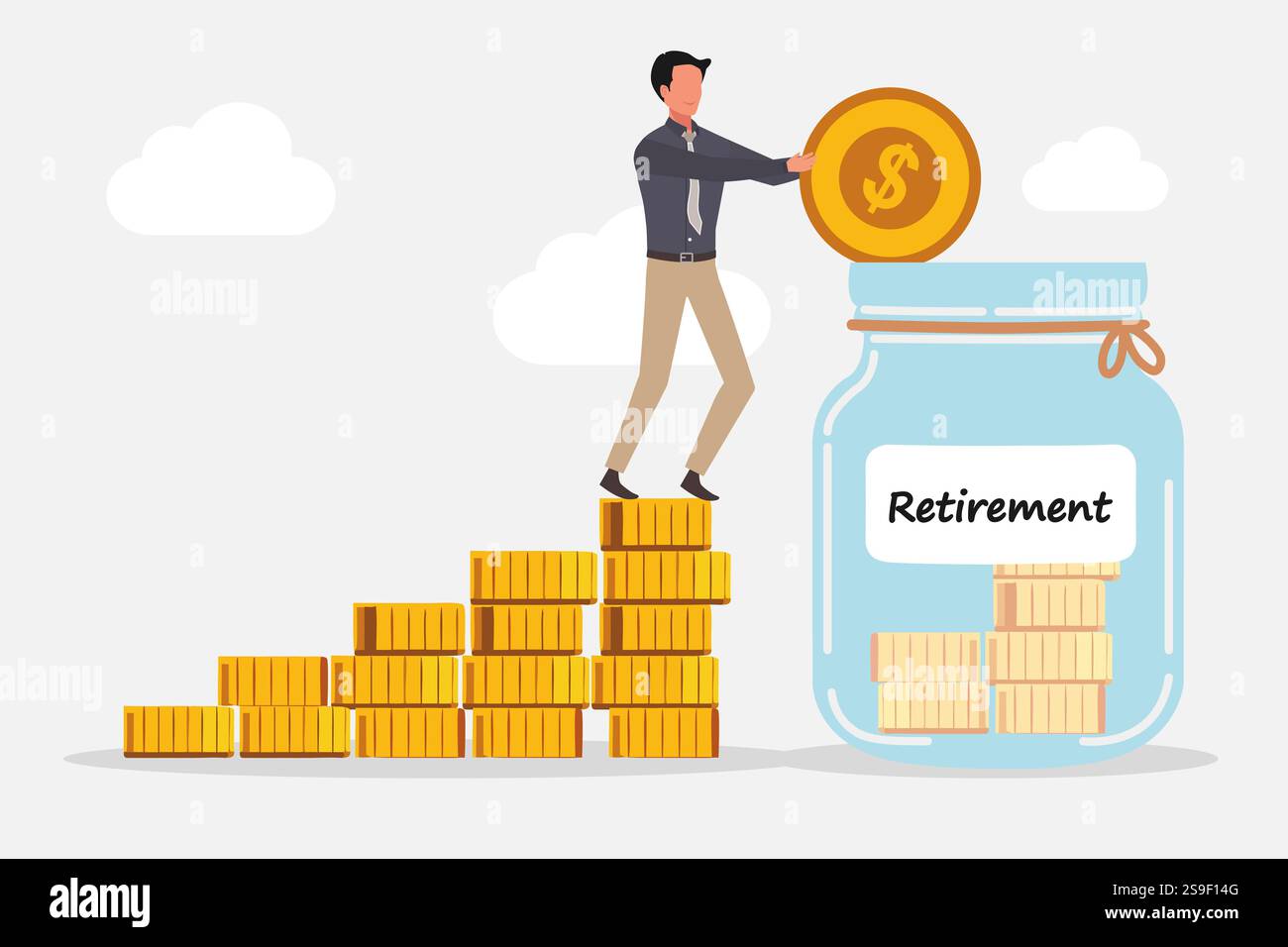 Homme d'affaires debout sur la pile de pièces de monnaie et mettre une pièce de monnaie dans un bocal en verre pour se préparer à la retraite. Économiser de l'argent pour la retraite. Illustration vectorielle Illustration de Vecteur