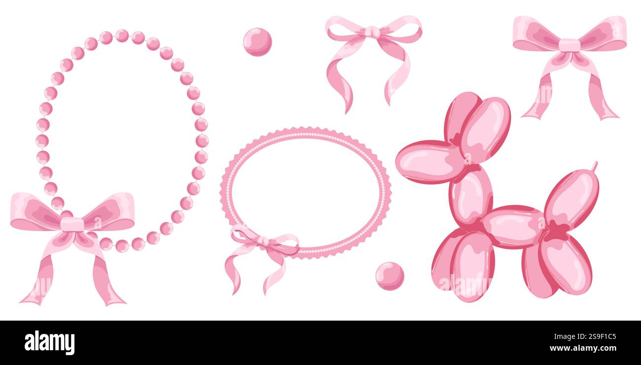 Illustration vectorielle de 8 rose girly vintage Bow Set. Archet pour décor de cheveux plat. Rubans isolés. Accessoires tendance pour filles. Éléments de coiffure mignons Illustration de Vecteur