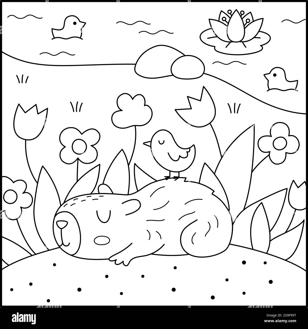 Illustration de paysage capybara noir et blanc vectoriel. Joli paysage carré avec capibara dormant sur le défrichement de fleurs avec oiseau sur son dos. lin drôle Illustration de Vecteur