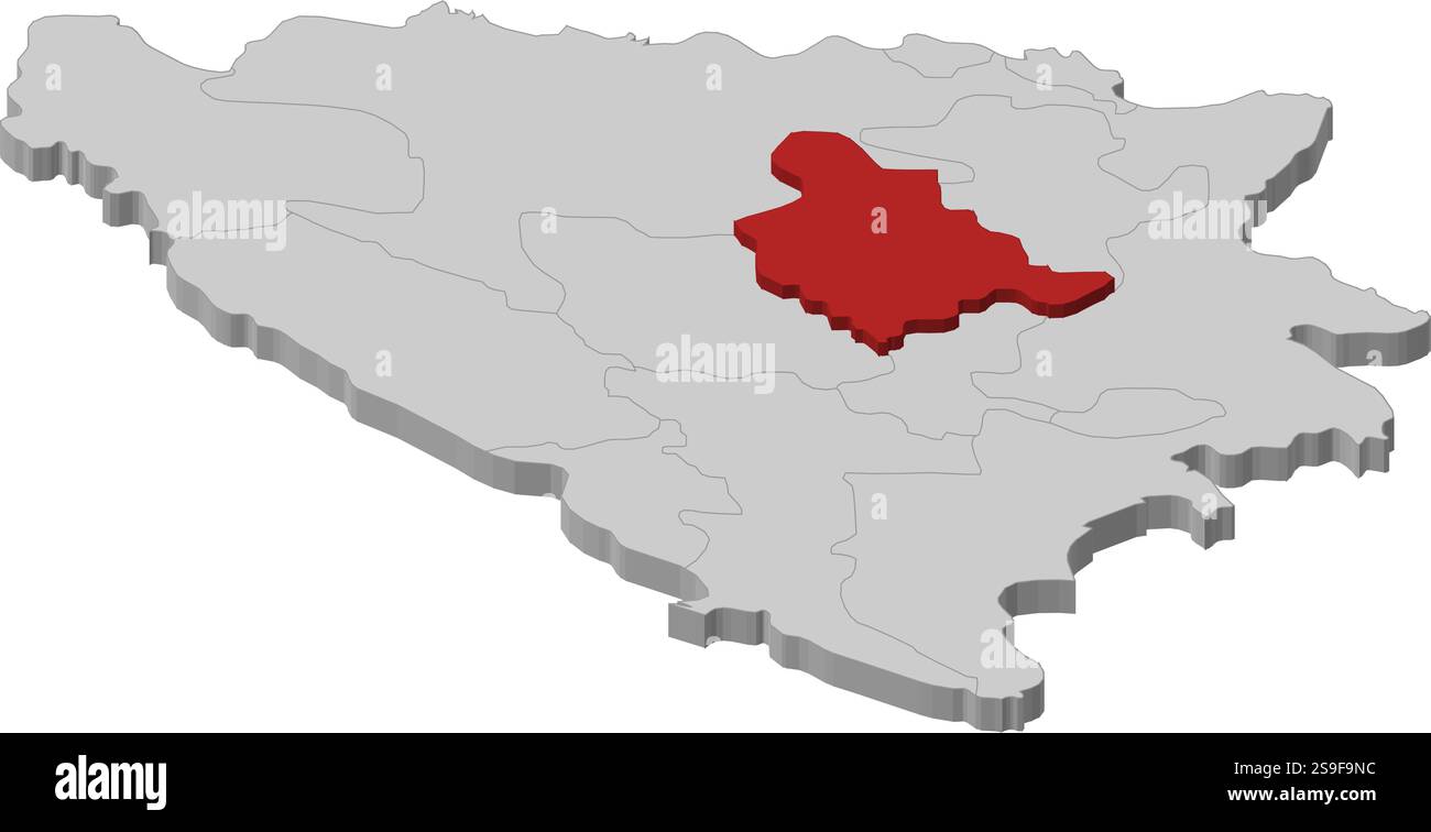 Carte de Bosnie-Herzégovine en tant que pièce grise, Zenica-Doboj est surligné en rouge. Illustration de Vecteur
